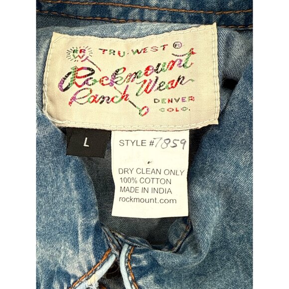 RockyMount Ranch Wear Women Denim Tooling Embroidered Western Shirt Pearl Snap L - Picture 8 of 8